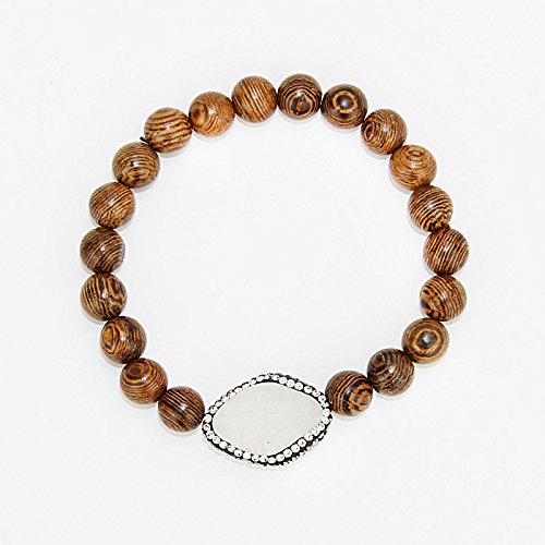 POMINA Wood Beaded Stretch Bracelet with Turkish Stone Setting on Natural Stone
