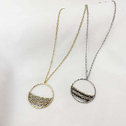 POMINA Gold Silver Two Tone Beaded Hammered Circle Teardrop Pendant Necklace for Women Teen Girls