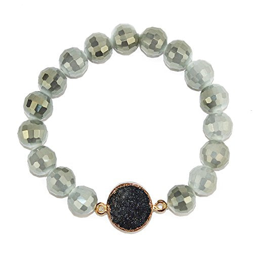 POMINA Disco Ball Faceted Glass Beaded Stretch Bracelets with Gold Foiled Druzy Stone