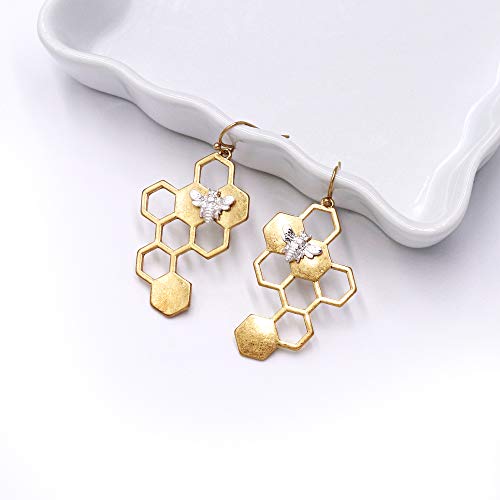 POMINA Gold Honeycomb Bumblebee Dangle Earring for Women Teen Girls