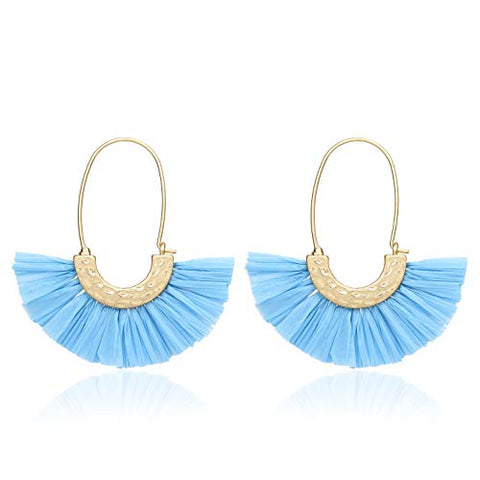 Pomina Colorful Raffia Thread Tassel Earrings Bohemian Fringe Fashion Dangle Hoop Earrings Summer Earrings for Women