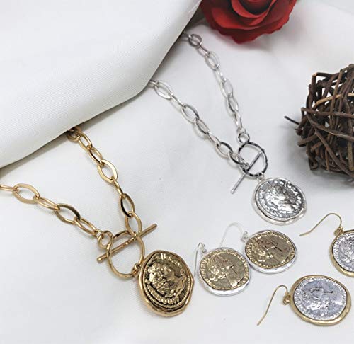 Pomina Gold Silver Two Tone Hammered Roman Coin Dangle Drop Earring for Women Teen Girls