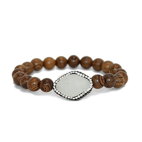 POMINA Wood Beaded Stretch Bracelet with Turkish Stone Setting on Natural Stone