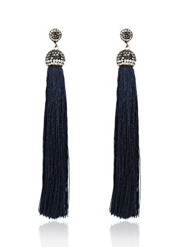 Pomina Genuine Extra Long Silk Tassel Dangling Drop Earrings Thread Tassel Earrings Statement Tassel Drop Earrings