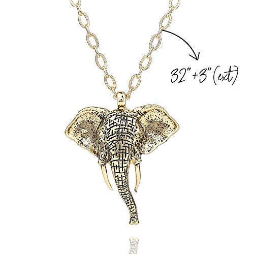 POMINA Good Luck Elephant Necklace Boho Vintage Safari Elephant Pendant Link Chain Long Necklace for Women Girls Teens