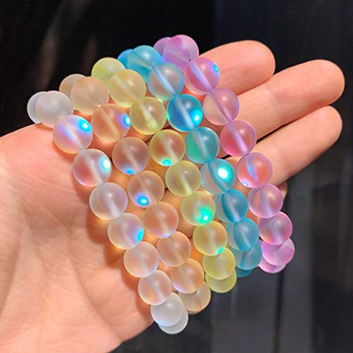POMINA Frosted Iridescent Mystic Glass Bead Stretch Bracelet Holographic Mermaid Glass Bracelet Rainbow Aura Borealis Bead Bracelet for Women