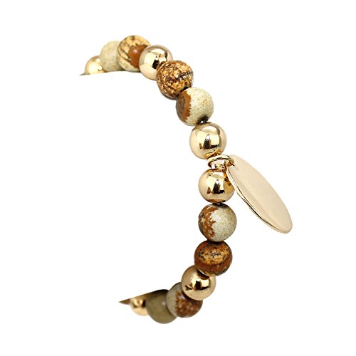 Pomina 8mm Natural Stone Beaded with Disc Coin Charm Stretch Bracelets (Picture Jasper)
