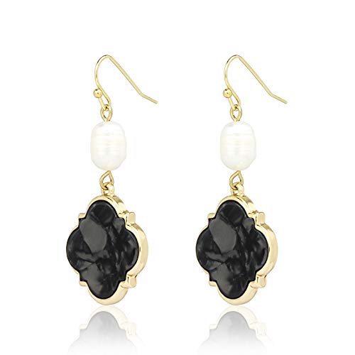 Pomina Fresh Water Pearl Dangling Drop Earrings Acrylic Quatrefoil Drop Earring for Women