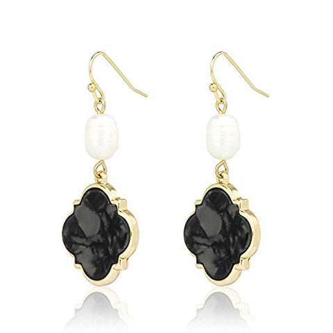 Pomina Fresh Water Pearl Dangling Drop Earrings Acrylic Quatrefoil Drop Earring for Women