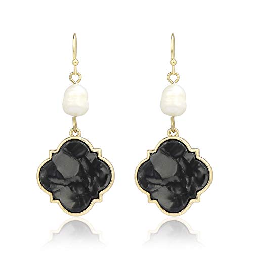 Pomina Fresh Water Pearl Dangling Drop Earrings Acrylic Quatrefoil Drop Earring for Women