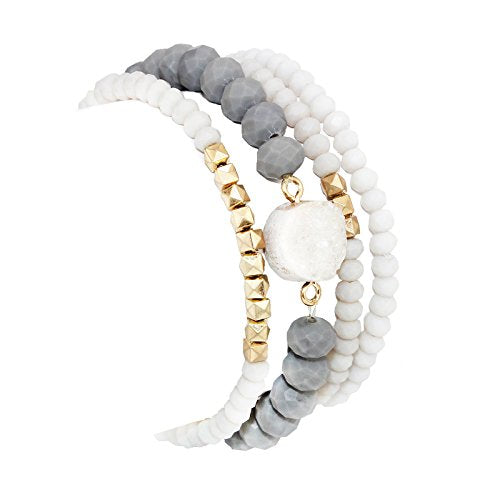 POMINA Stackable Multi Layered Matte Faceted Glass Beaded Stretch Bracelets with Druzy Stone, Set of 4