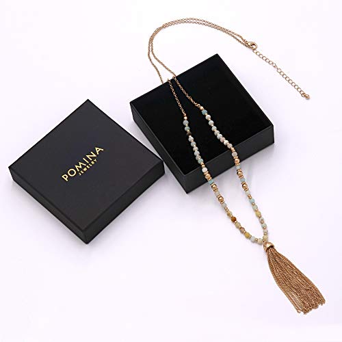 POMINA Fashion Statement Gold Chain Tassel Pendant Necklace Natural Stone Beaded Long Necklace for Women Teen Girls