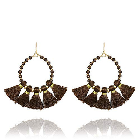 Pomina Crystal Beaded Circle Drop Earrings, Bohemian Thread Tassel Chandelier Drop Earrings