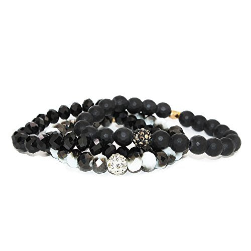 POMINA Stackable Multi Layered Matte and Coated Faceted Glass Beaded Stretch Bracelets with Pave Balls, Set of 3