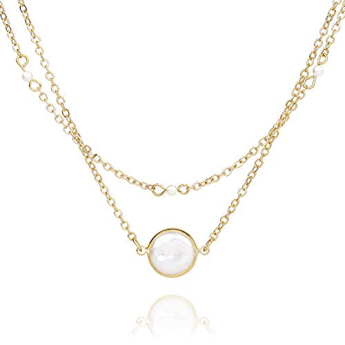 POMINA Dainty Layered Boho Necklace Fresh Water Pearl Layered Necklace for Women