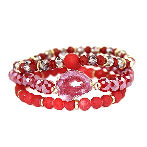 POMINA Semi Precious Stone Beaded Stretch Bracelet Stackable Mutilayer Crystal Beads Druzy Stone Bracelet Sets for Women, Set of 3