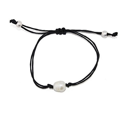 POMINA Black Leather with Freshwater Pearl Pull String Bracelets