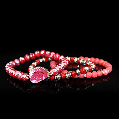 POMINA Semi Precious Stone Beaded Stretch Bracelet Stackable Mutilayer Crystal Beads Druzy Stone Bracelet Sets for Women, Set of 3