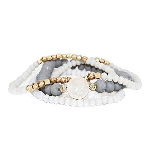 POMINA Stackable Multi Layered Matte Faceted Glass Beaded Stretch Bracelets with Druzy Stone, Set of 4