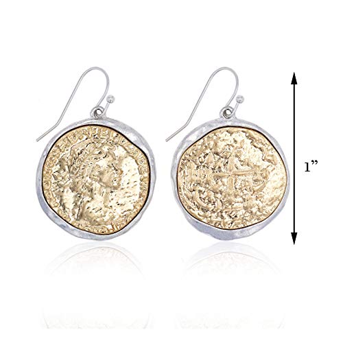 Pomina Gold Silver Two Tone Hammered Roman Coin Dangle Drop Earring for Women Teen Girls