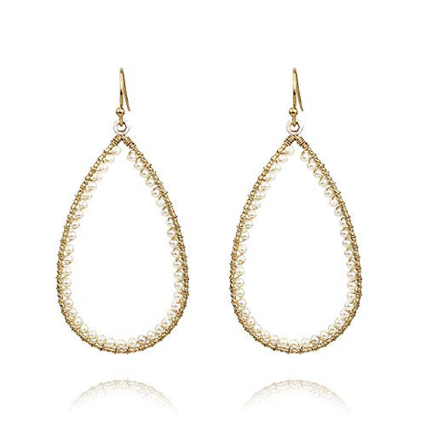 Pomina Lightweight Pearl Beaded Wire Wrapped Open Teardrop Dangle Earrings for Women