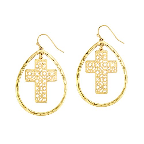 Pomina Geometric Filigree Cross Quatrefoil Teardrop Earrings Hammered Textured Drop Gold Earrings for Women