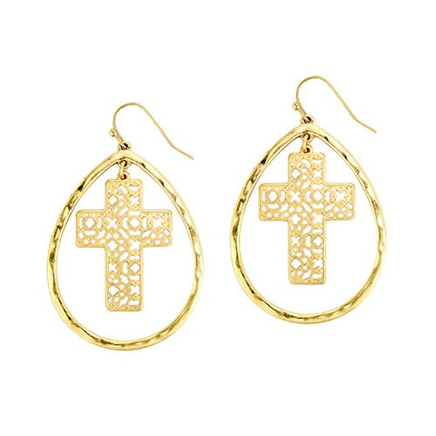 Pomina Geometric Filigree Cross Quatrefoil Teardrop Earrings Hammered Textured Drop Gold Earrings for Women