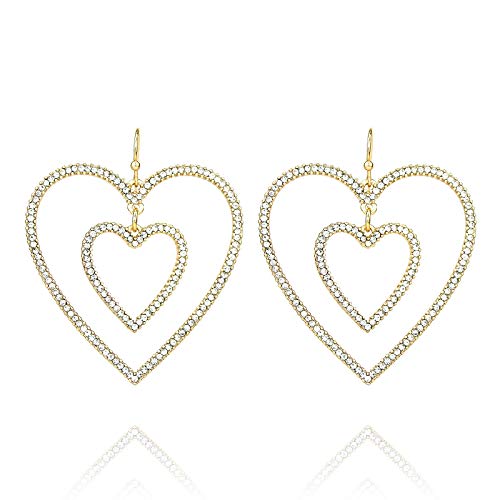 Pomina Cubic Crystal Double Love Heart Drop Earrings Fashion Statement Open Heart Dangle Earrings for Women Girls Teens