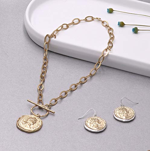 Pomina Fashion Gold Silver Chunky Thick Link Chain Necklace Medallion Chunky Coin Pendant Toggle Necklace for Women Men Teen Girls