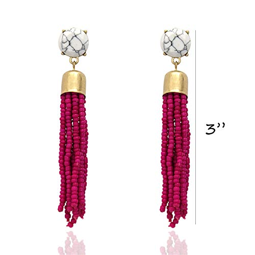 Pomina Colorful Seed Beaded Tassel with Stone Post Drop Earrings for Women