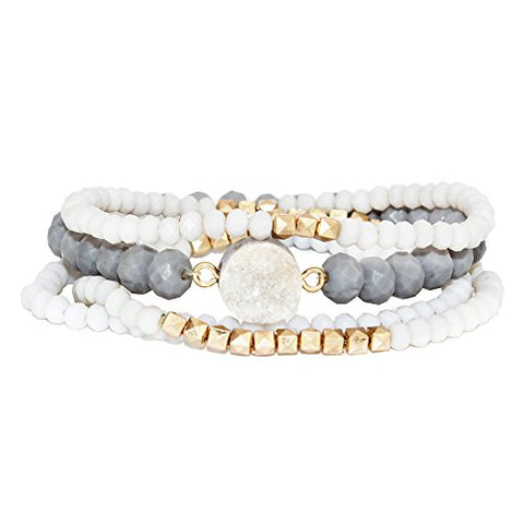 POMINA Stackable Multi Layered Matte Faceted Glass Beaded Stretch Bracelets with Druzy Stone, Set of 4