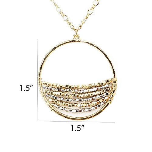 POMINA Gold Silver Two Tone Beaded Hammered Circle Teardrop Pendant Necklace for Women Teen Girls