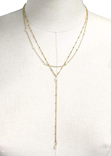 POMINA Dainty Pearl Choker Y Lariat Layered Necklace Y Shape Gold Chain Necklace for Women