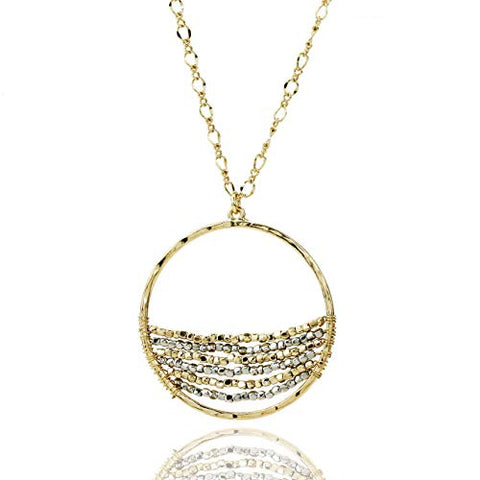 POMINA Gold Silver Two Tone Beaded Hammered Circle Teardrop Pendant Necklace for Women Teen Girls