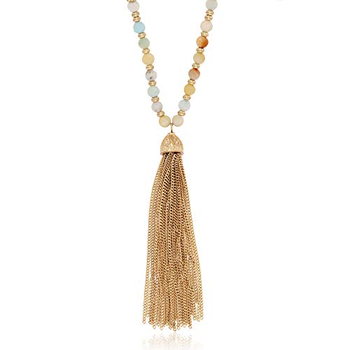 POMINA Fashion Statement Gold Chain Tassel Pendant Necklace Natural Stone Beaded Long Necklace for Women Teen Girls