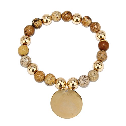 Pomina 8mm Natural Stone Beaded with Disc Coin Charm Stretch Bracelets (Picture Jasper)