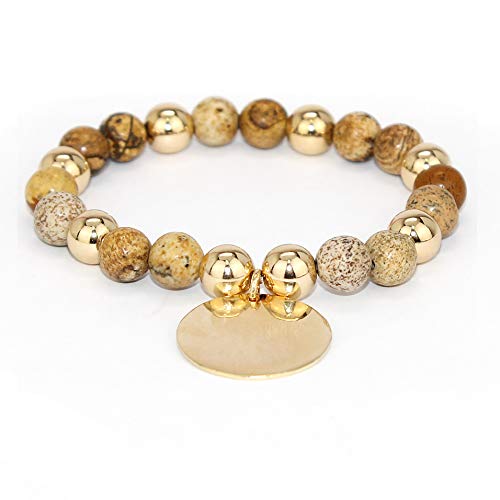 Pomina 8mm Natural Stone Beaded with Disc Coin Charm Stretch Bracelets (Picture Jasper)