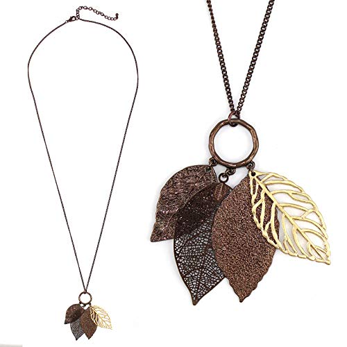 Pomina Gold Silver Two Tone Filigree Leaf Pendant Long Necklace Chic Pendant Chain Necklace for Women