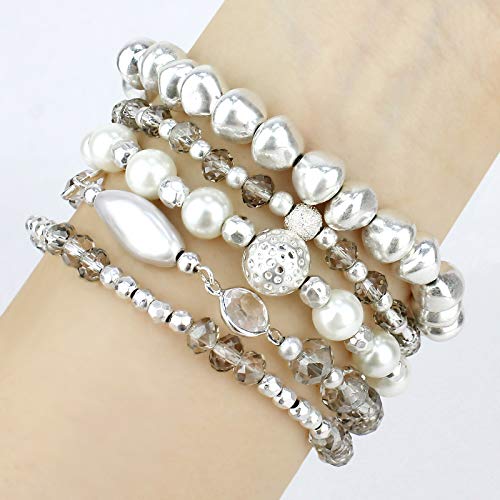 POMINA Multi Strand Beaded Nugget Matte Pearl Crystal Stretch Bracelet for Woman, Set of 5