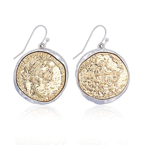Pomina Gold Silver Two Tone Hammered Roman Coin Dangle Drop Earring for Women Teen Girls