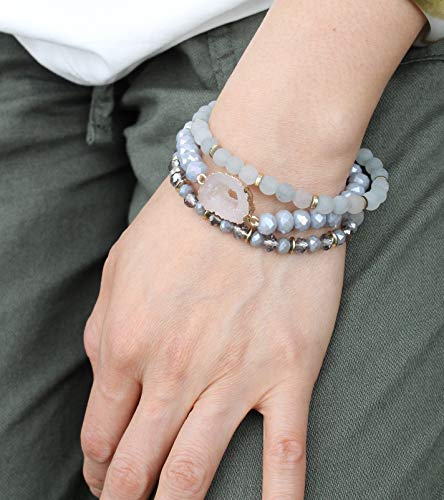 POMINA Semi Precious Stone Beaded Stretch Bracelet Stackable Mutilayer Crystal Beads Druzy Stone Bracelet Sets for Women, Set of 3
