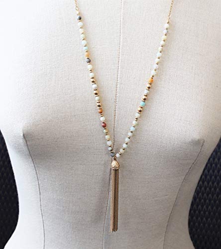 POMINA Fashion Statement Gold Chain Tassel Pendant Necklace Natural Stone Beaded Long Necklace for Women Teen Girls