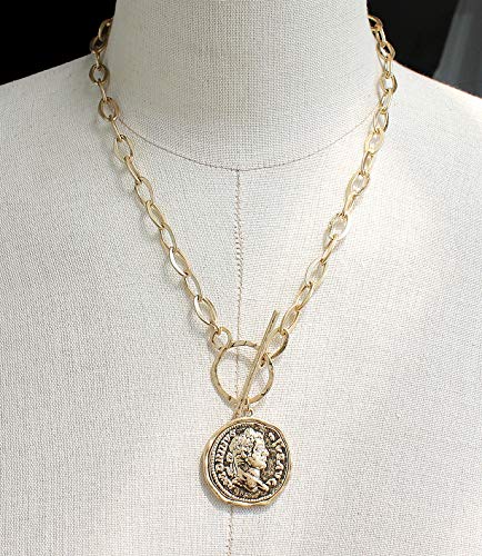 Pomina Fashion Gold Silver Chunky Thick Link Chain Necklace Medallion Chunky Coin Pendant Toggle Necklace for Women Men Teen Girls