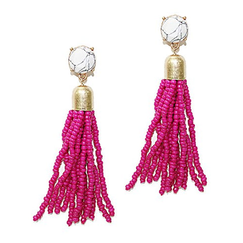 Pomina Colorful Seed Beaded Tassel with Stone Post Drop Earrings for Women