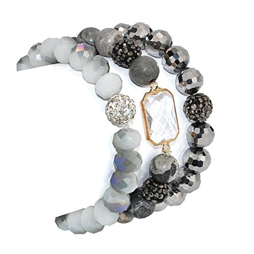 POMINA Stackable Multi Layered Natural Stone and Faceted Glass Beaded Stretch Bracelets with Pave Balls, Set of 3