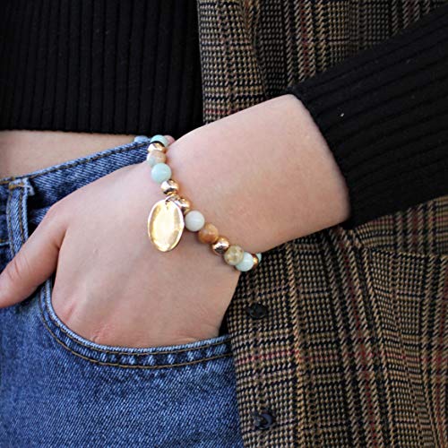 POMINA 8mm Semi Precious Natural Stone Beaded with Disc Coin Charm Stretch Bracelets