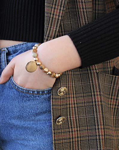 Pomina 8mm Natural Stone Beaded with Disc Coin Charm Stretch Bracelets (Picture Jasper)