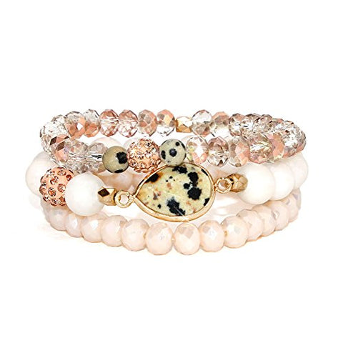 POMINA Stackable Multi Layered Natural Stone and Glass Beaded Stretch Bracelets, Set of 3