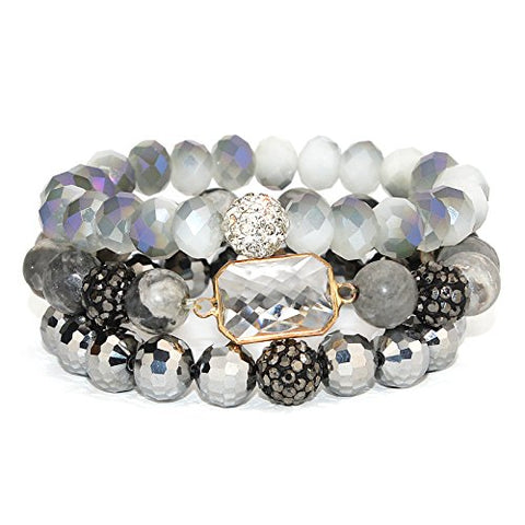 POMINA Stackable Multi Layered Natural Stone and Faceted Glass Beaded Stretch Bracelets with Pave Balls, Set of 3