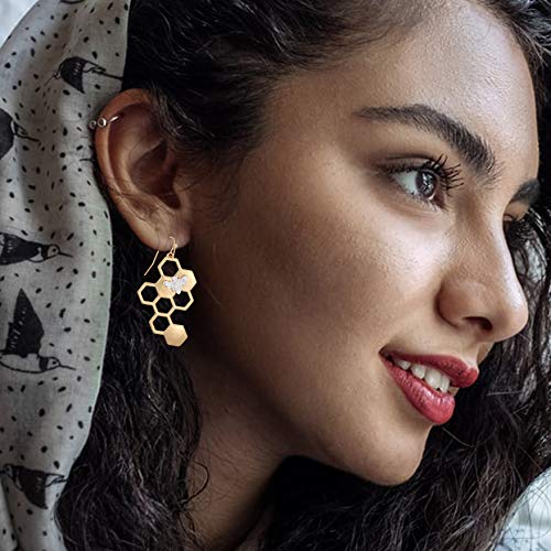 POMINA Gold Honeycomb Bumblebee Dangle Earring for Women Teen Girls